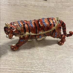 Enamel Tiger Figurine with Blue Accents Trinket Case